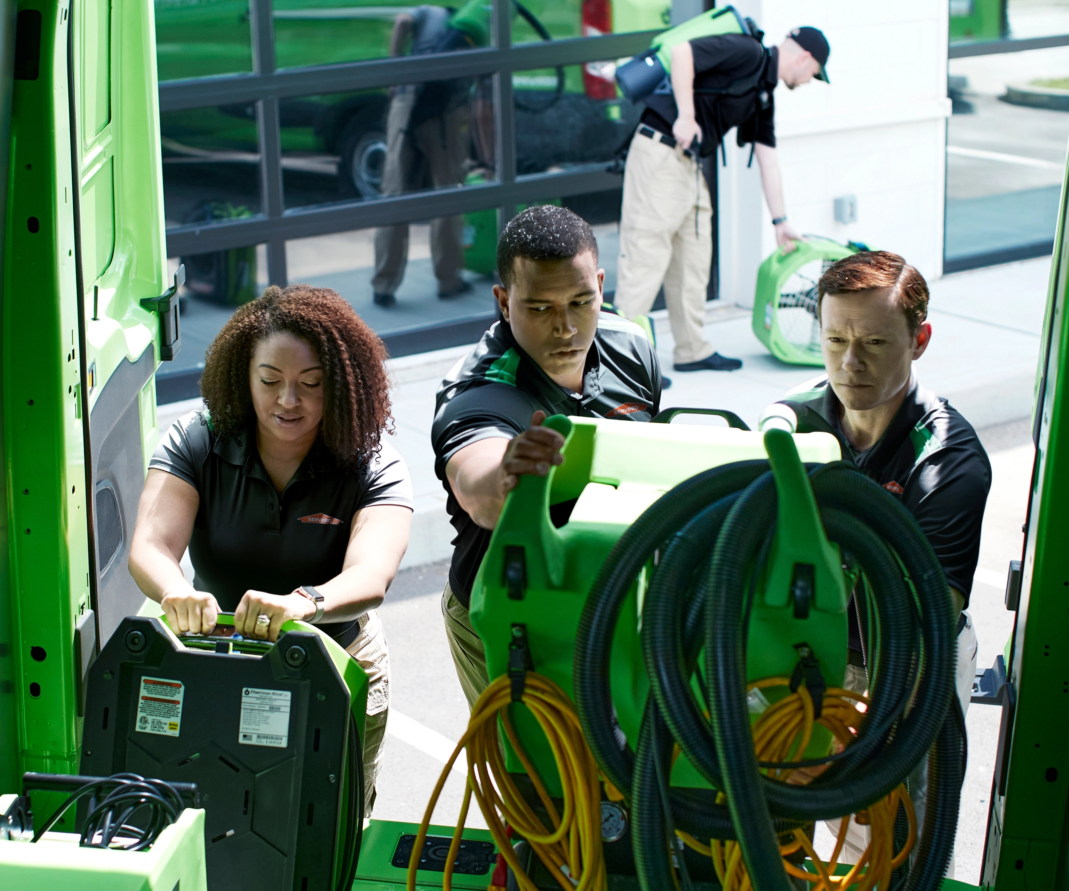 SERVPRO workers removing restoration equipment from inside van