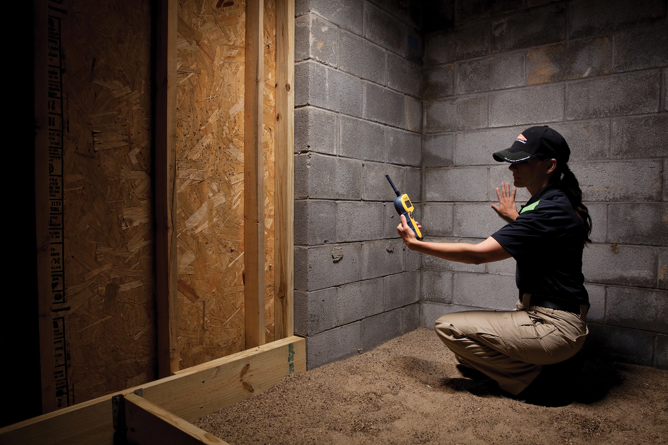 Female SERVPRO worker using moisture reading tool in unfinished basement