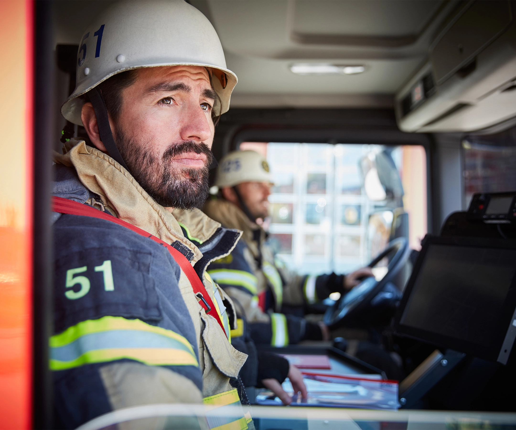 Firefighters arrive to respond to a call for help. First responders are the firefighters, EMT's, and police officers, who typically respond first in an emergency