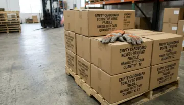 A pallet of stacked cardboard boxes labeled "Empty Cardboard Boxes for Urns – Fragile, Handle with Care, Quantity: 12" in a warehouse, with a pair of work gloves resting on top and a forklift visible in the background.